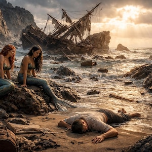 May include: Two mermaids with long hair and shimmering green tails sit on dark rocks near a sandy shore. A person lies face down on the sand nearby. In the background, a wrecked wooden ship rests in the ocean waves under a cloudy sunset sky.