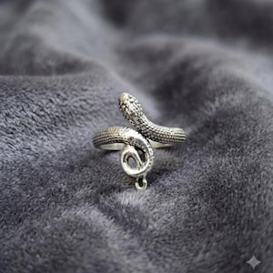 Op de afbeelding: Een zilverkleurige metalen ring in de vorm van een opgerolde slang. De ring heeft een textuur met een schubachtig patroon over het gehele oppervlak, waarbij de kop en de staart van de slang elkaar overlappen om de band te vormen. Het metaal heeft een glans.