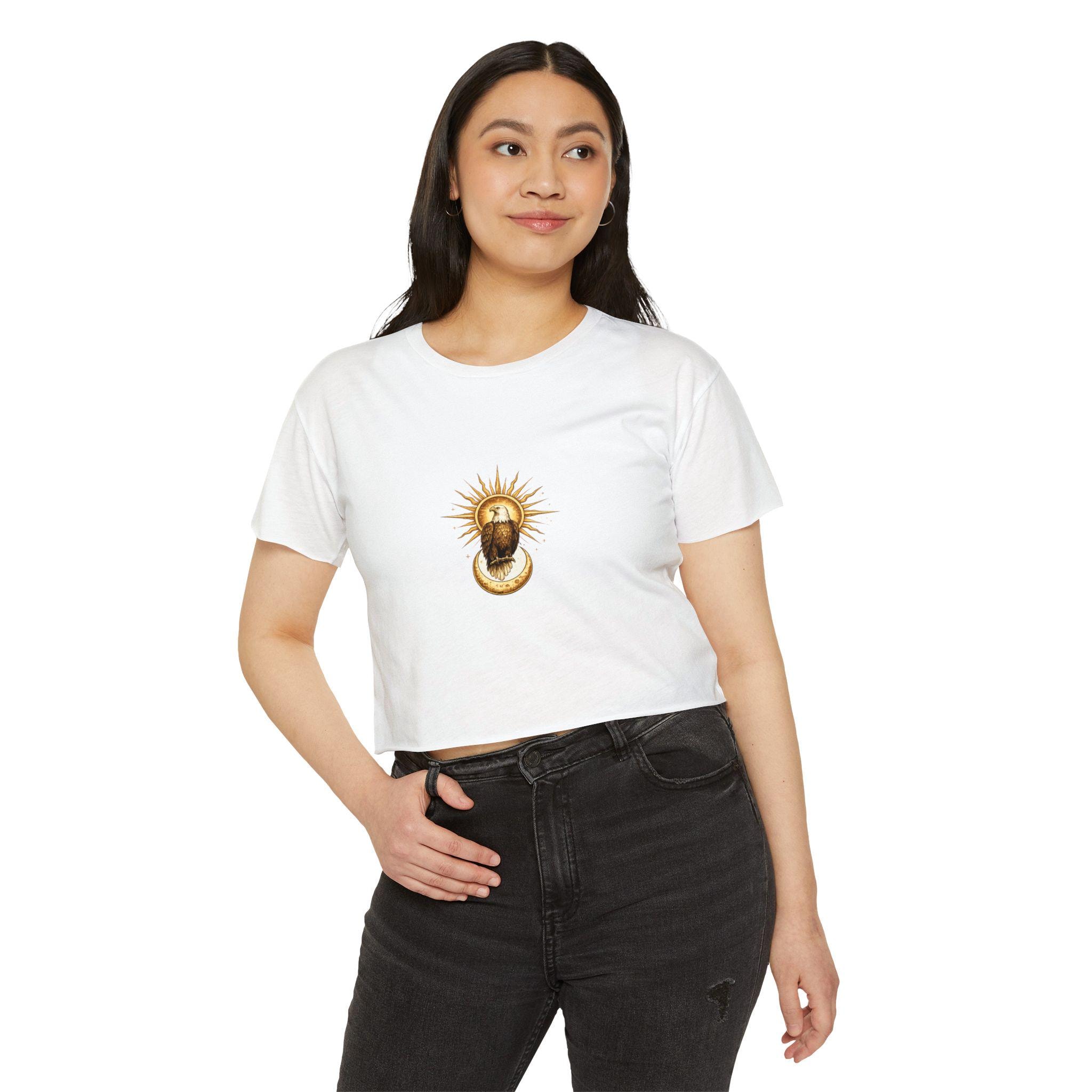 Golden Sun Owl Crop Top | Boho Spiritual Mandala, Feathers, Crescent Moon