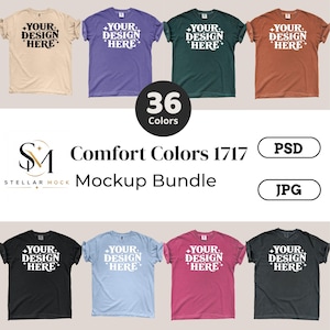 May include: A digital mockup bundle featuring eight short-sleeve t-shirts in various colors, including beige, purple, dark green, rust, black, light blue, pink, and charcoal. Each shirt displays the text YOUR DESIGN HERE with star accents.
