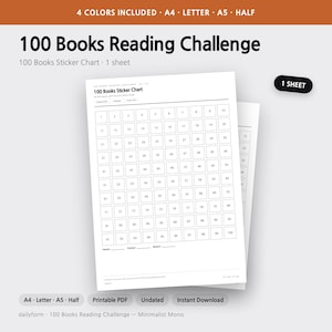 Peut inclure: Un tableau de suivi de lecture 100 Books Reading Challenge sur papier blanc avec du texte noir et une grille de 100 cases num&eacute;rot&eacute;es. Le document inclut des en-t&ecirc;tes pour la date, le titre et le suivi, avec des lignes pour d&eacute;but, fin et r&eacute;compense.