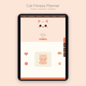 Op de afbeelding: Een digitale kattenfitnessplanner weergegeven op een tabletscherm. De interface heeft een licht perzikkleurig kleurenschema met een kattenillustratie, navigatietabbladen voor doelen en logs, en iconen van een hart, vis, garen en pootafdruk.