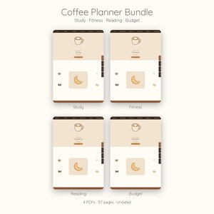 Op de afbeelding: Een digitale Coffee Planner Bundle met vier verschillende planners voor studie, fitness, lezen en budget. Elke planner toont een koffiekop-icoon, een croissant-afbeelding en zijdelingse navigatietabbladen in een neutraal beige en bruin kleurenpalet.