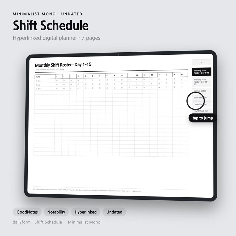 Shift Schedule Digital Planner | Rota & Night Hours - GoodNotes | 4 Colors | 7 Pages | Instant Download image 1