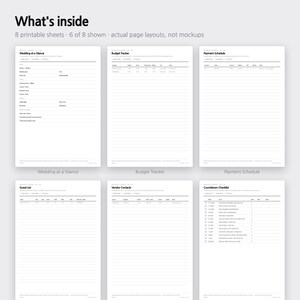 May include: Eight printable wedding planner sheets featuring black text on white paper. The layouts include Wedding at a Glance, Budget Tracker, Payment Schedule, Guest List, Vendor Contacts, and Countdown Checklist with lined sections for notes.