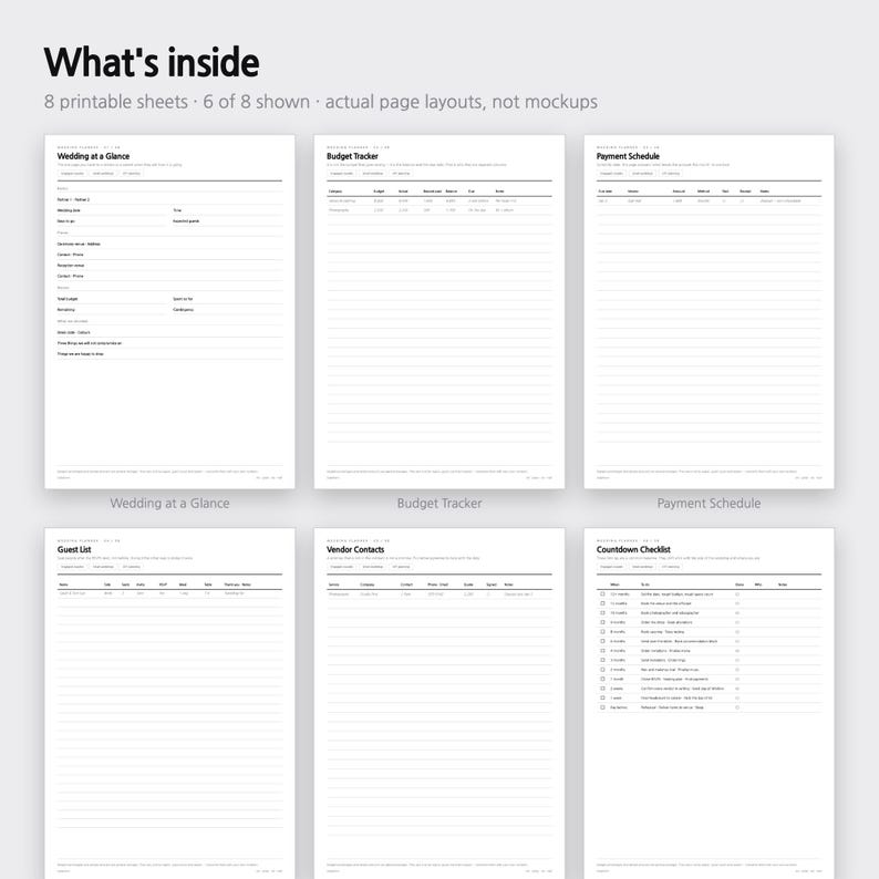May include: Eight printable wedding planner sheets featuring black text on white paper. The layouts include Wedding at a Glance, Budget Tracker, Payment Schedule, Guest List, Vendor Contacts, and Countdown Checklist with lined sections for notes.