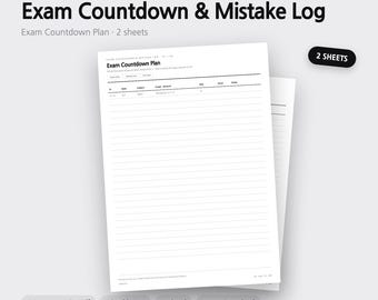 Planilha de Contagem Regressiva para Provas (Imprimida) | Rastreador de Preparação para Testes, Registro de Erros, Cronograma de Revisão | 4 Cores A4 A5 Carta PDF