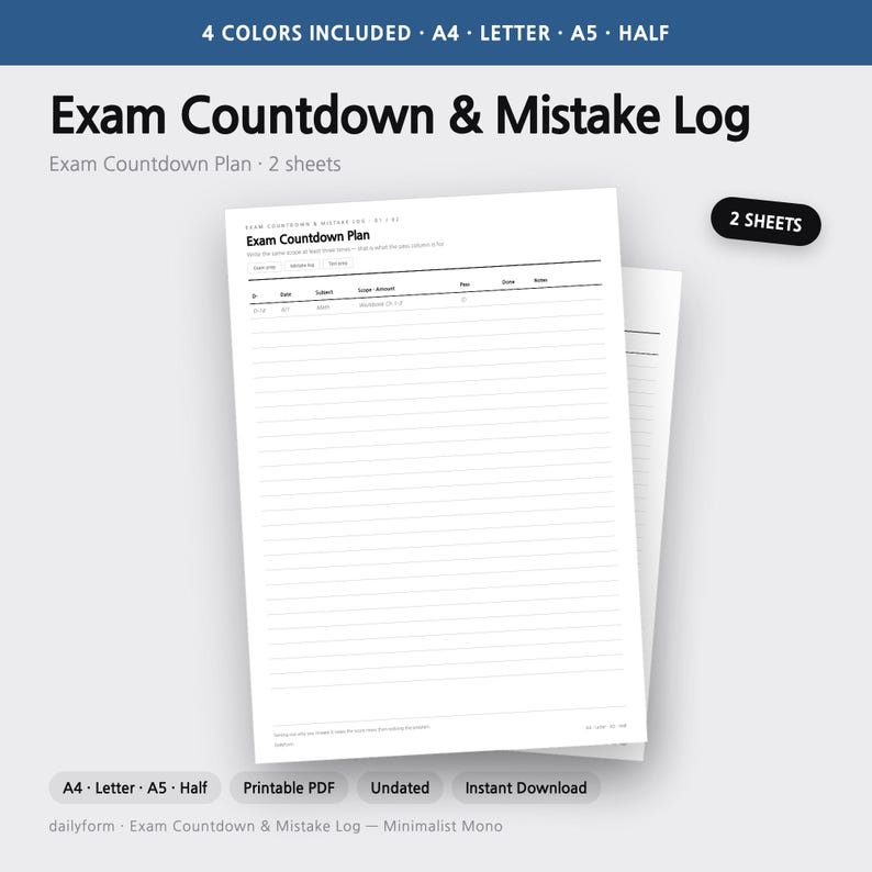 Puede incluir: Una hoja de planificador imprimible Exam Countdown & Mistake Log con un encabezado titulado Exam Countdown Plan, seguido de columnas para fecha, materia, alcance, cantidad, aprobado, hecho y notas, con filas rayadas para el seguimiento.