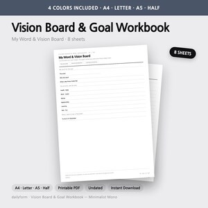 K&ouml;nnte beinhalten: Ein Vision Board & Goal Workbook mit 8 Bl&auml;ttern in den Formaten A4, Letter, A5 und Half. Das wei&szlig;e Papier enth&auml;lt schwarzen Text mit &Uuml;berschriften wie My Word & Vision Board, Health, Work, Money, Relationship, Learning und Rest/Fun.