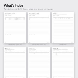 Pode incluir: Seis folhas imprim&iacute;veis com texto preto em fundo branco, incluindo Monthly Shift Roster para os dias 1-15 e 16-31, Weekly Detail, Shift Handover, Leave Request e Night Work Tally. O texto What's inside 7 printable sheets &eacute; vis&iacute;vel.