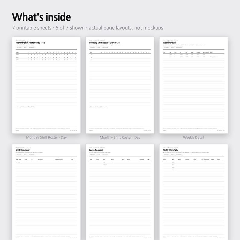 Pode incluir: Seis folhas imprim&iacute;veis com texto preto em fundo branco, incluindo Monthly Shift Roster para os dias 1-15 e 16-31, Weekly Detail, Shift Handover, Leave Request e Night Work Tally. O texto What's inside 7 printable sheets &eacute; vis&iacute;vel.