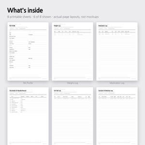Puede incluir: Un conjunto de 8 hojas imprimibles para el registro de mascotas, con 6 p&aacute;ginas mostradas incluyendo Pet Profile, Weight Log, Medication Log, Vaccination & Parasite Record, Vet Visit Log y Symptom & Behavior Log, con texto negro sobre papel blanco.