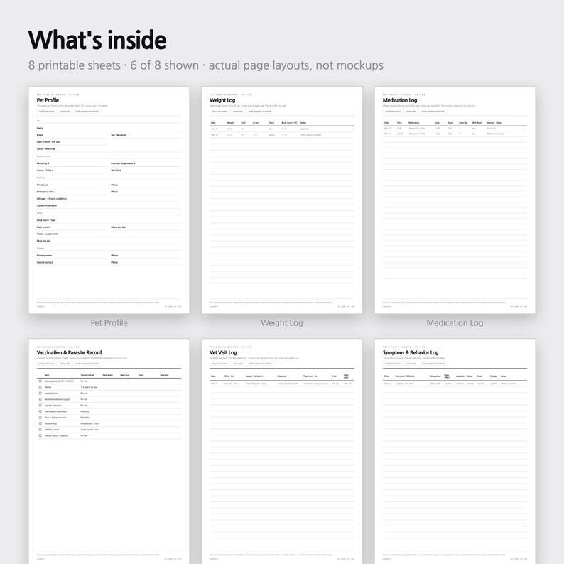 Puede incluir: Un conjunto de 8 hojas imprimibles para el registro de mascotas, con 6 p&aacute;ginas mostradas incluyendo Pet Profile, Weight Log, Medication Log, Vaccination & Parasite Record, Vet Visit Log y Symptom & Behavior Log, con texto negro sobre papel blanco.