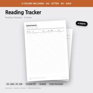 Pode incluir: Um documento PDF imprim&iacute;vel Reading Tracker branco com texto e linhas pretas. O cabe&ccedil;alho diz Reading Tracker e Reading Passbook. Inclui colunas para Month, Date, Title, Author, Pages, Running Total e One line. S&atilde;o 4 folhas.