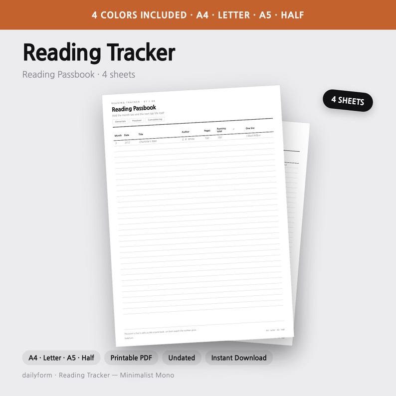 Pode incluir: Um documento PDF imprim&iacute;vel Reading Tracker branco com texto e linhas pretas. O cabe&ccedil;alho diz Reading Tracker e Reading Passbook. Inclui colunas para Month, Date, Title, Author, Pages, Running Total e One line. S&atilde;o 4 folhas.