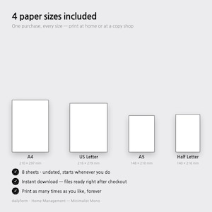 Puede incluir: Una lista de productos digitales que muestra 4 tama&ntilde;os de papel: A4 (210 x 297 mm), US Letter (216 x 279 mm), A5 (148 x 210 mm) y Half Letter (140 x 216 mm). El texto incluye 8 hojas sin fecha, descarga instant&aacute;nea e impresi&oacute;n ilimitada.