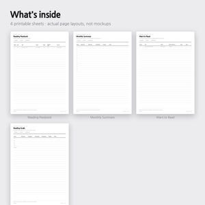 Pode incluir: Quatro folhas imprim&iacute;veis brancas com texto e linhas pretas. As folhas s&atilde;o intituladas Reading Passbook, Monthly Summary, Want to Read e Reading Goals. O texto What's inside e 4 printable sheets &middot; actual page layouts, not mockups aparece.