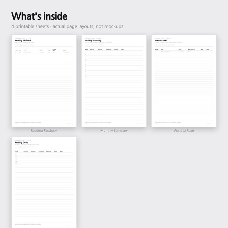 Pode incluir: Quatro folhas imprim&iacute;veis brancas com texto e linhas pretas. As folhas s&atilde;o intituladas Reading Passbook, Monthly Summary, Want to Read e Reading Goals. O texto What's inside e 4 printable sheets &middot; actual page layouts, not mockups aparece.