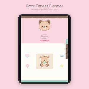 May include: A digital tablet displaying a Bear Fitness Planner with a pink background, featuring a bear illustration, navigation tabs for goals, routines, and logs, and text including Bear Fitness Planner, Undated, Hyperlinked, and GoodNotes.