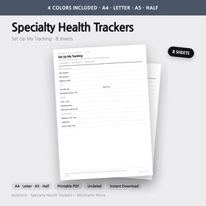 Puede incluir: Un conjunto de ocho hojas imprimibles Specialty Health Trackers en blanco con texto negro. El documento incluye secciones para registrar s&iacute;ntomas, medicamentos, citas m&eacute;dicas y suplementos. Disponible en tama&ntilde;os A4, Letter, A5 y Half.