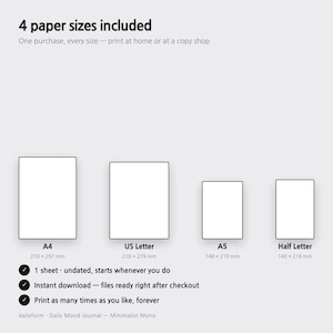 Puede incluir: Una visualizaci&oacute;n de producto digital que muestra 4 tama&ntilde;os de papel incluidos: A4 (210 x 297 mm), US Letter (216 x 279 mm), A5 (148 x 210 mm) y Half Letter (140 x 216 mm). Incluye 1 hoja sin fecha, descarga instant&aacute;nea e impresi&oacute;n ilimitada.