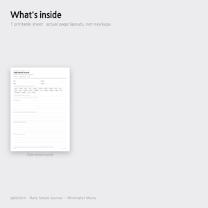 Puede incluir: Una hoja imprimible blanca titulada Daily Mood Journal con texto y l&iacute;neas en negro. El dise&ntilde;o incluye secciones para la fecha, seguimiento del estado de &aacute;nimo con una lista de adjetivos, una escala num&eacute;rica y espacios rayados para notas.