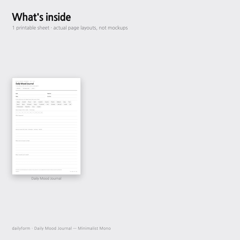 Puede incluir: Una hoja imprimible blanca titulada Daily Mood Journal con texto y l&iacute;neas en negro. El dise&ntilde;o incluye secciones para la fecha, seguimiento del estado de &aacute;nimo con una lista de adjetivos, una escala num&eacute;rica y espacios rayados para notas.