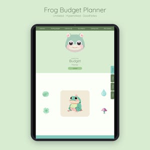 May include: A digital tablet displaying a Frog Budget Planner with a light green interface. The screen features a cartoon frog icon, navigation tabs, and the text Frog Budget Planner, Undated, Hyperlinked, GoodNotes, and Budget Planner.