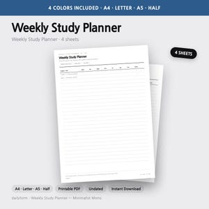 Puede incluir: Una hoja de planificador de estudio semanal blanca con texto y l&iacute;neas negras. El encabezado dice Weekly Study Planner, seguido de columnas para materia, tarea y d&iacute;as de la semana. El documento incluye 4 hojas en tama&ntilde;os A4, Letter, A5 y Half.