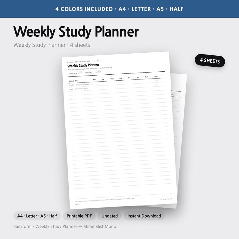 Puede incluir: Una hoja de planificador de estudio semanal blanca con texto y l&iacute;neas negras. El encabezado dice Weekly Study Planner, seguido de columnas para materia, tarea y d&iacute;as de la semana. El documento incluye 4 hojas en tama&ntilde;os A4, Letter, A5 y Half.