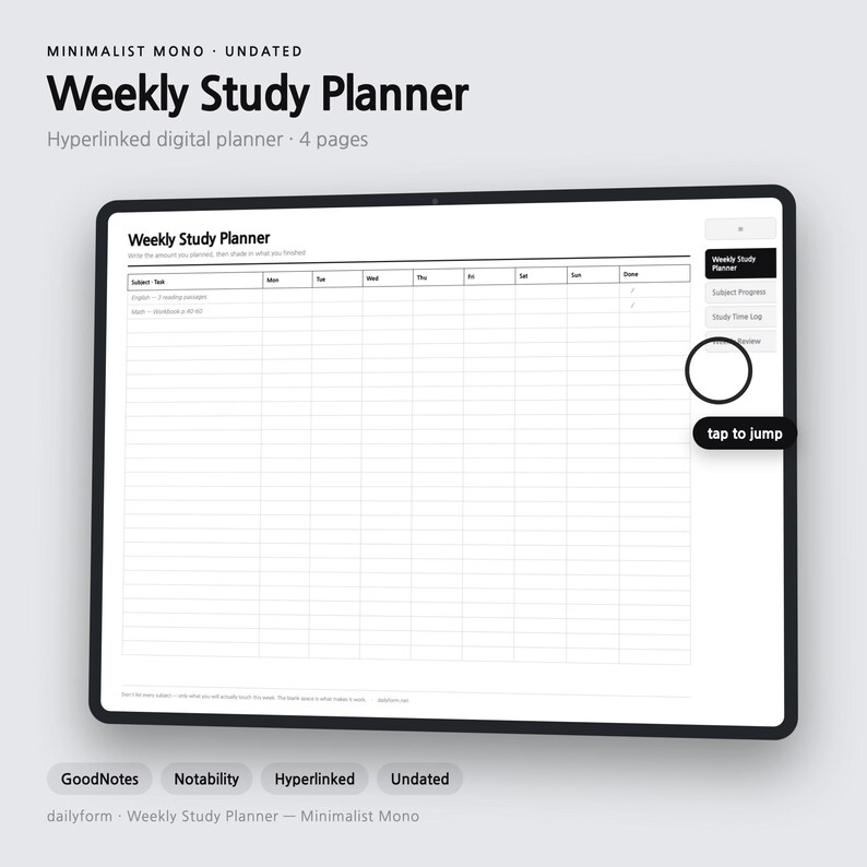 Weekly Study Digital Planner | Subjects, Hours & Review - GoodNotes | 4 Colors | 4 Pages | Instant Download image 1