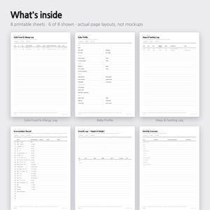 Pu&ograve; includere: Sei fogli stampabili bianchi con testo e linee nere, intitolati What's inside, 8 printable sheets, 6 of 8 shown, actual page layouts, not mockups. I fogli includono Solid Food & Allergy Log, Baby Profile, Sleep & Feeding Log, Immunization Record, Growth Log e Monthly Summary.