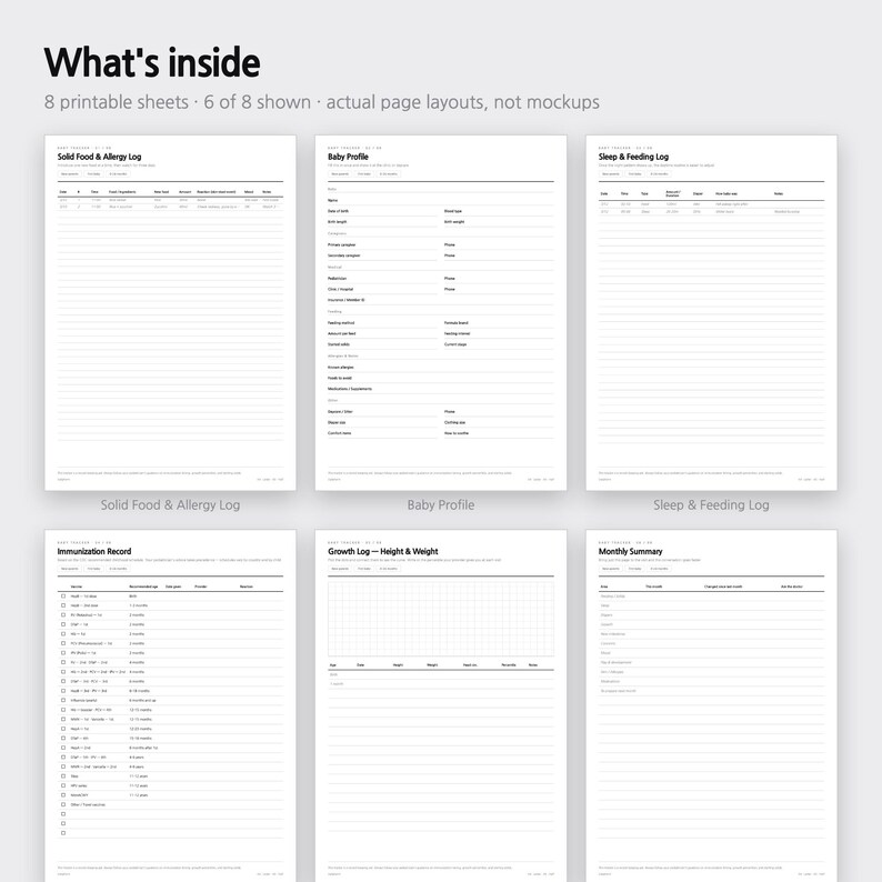 Pu&ograve; includere: Sei fogli stampabili bianchi con testo e linee nere, intitolati What's inside, 8 printable sheets, 6 of 8 shown, actual page layouts, not mockups. I fogli includono Solid Food & Allergy Log, Baby Profile, Sleep & Feeding Log, Immunization Record, Growth Log e Monthly Summary.