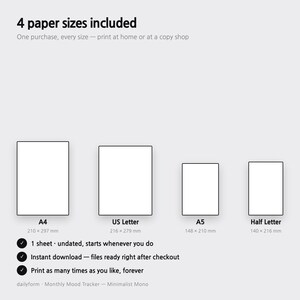 Może przedstawiać: Cyfrowy podgląd produktu przedstawiający 4 zawarte formaty papieru: A4 (210 x 297 mm), US Letter (216 x 279 mm), A5 (148 x 210 mm) oraz Half Letter (140 x 216 mm). Zawiera 1 arkusz bez daty, natychmiastowe pobieranie i nieograniczony druk.