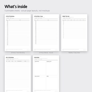 Pu&ograve; includere: Cinque fogli di pianificazione stampabili bianchi con testo e linee nere. I fogli sono intitolati What's inside, 24-Hour Time Blocking, 24-Hour Blocks - Hourly, Weekly 7-Day View, Plan vs Actual Review e Priority Matrix con quattro quadranti.