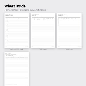 May include: Four printable planner sheets with black text on white backgrounds. The sheets are titled What's inside, Daily Study Time Block, Today's Tasks, Weekly Hours, and Distraction Log, featuring structured tables, hourly slots, and lined sections.