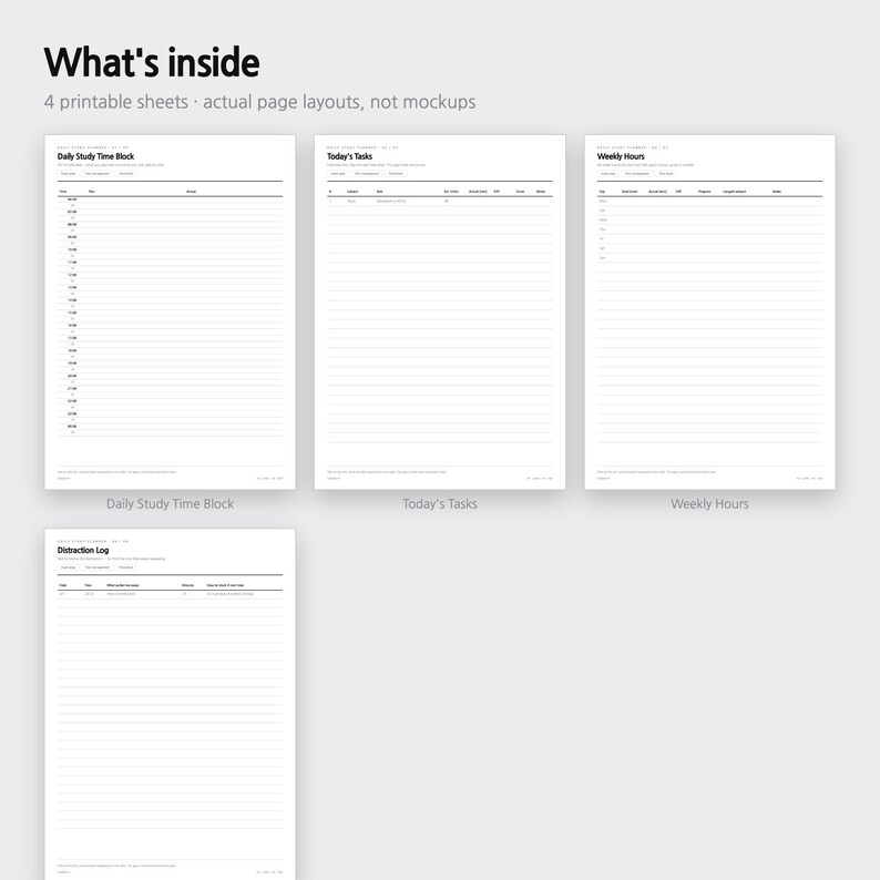 May include: Four printable planner sheets with black text on white backgrounds. The sheets are titled What's inside, Daily Study Time Block, Today's Tasks, Weekly Hours, and Distraction Log, featuring structured tables, hourly slots, and lined sections.