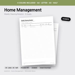 Puede incluir: Un planificador semanal de rotaci&oacute;n de limpieza Home Management imprimible con 8 hojas. El documento incluye columnas para d&iacute;a, zona, tareas, tiempo, qui&eacute;n, hecho y notas. El texto incluye: 4 COLORS INCLUDED, A4, LETTER, A5, HALF, 8 SHEETS.