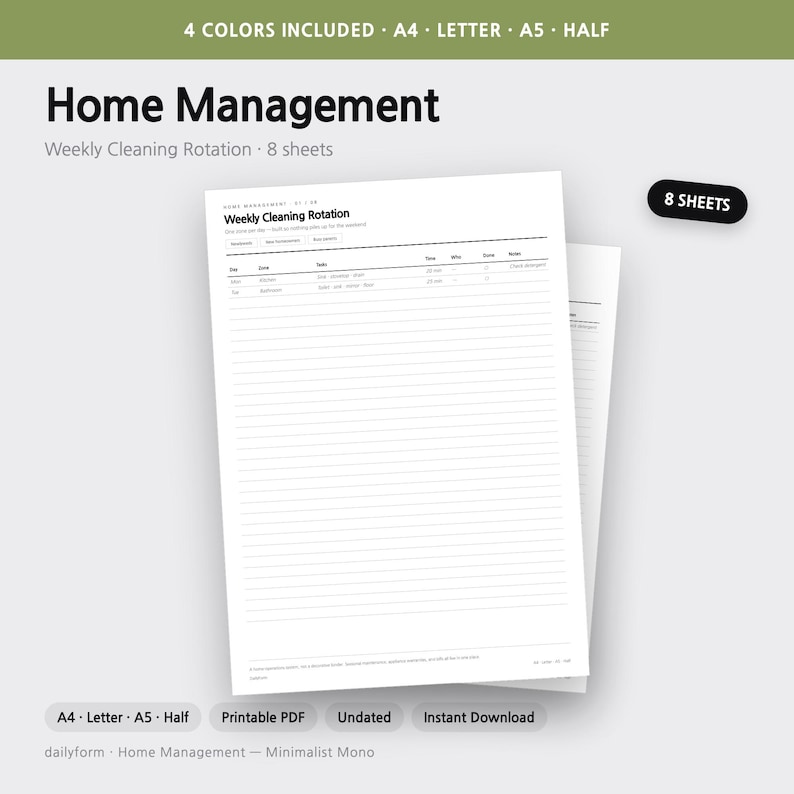 Puede incluir: Un planificador semanal de rotaci&oacute;n de limpieza Home Management imprimible con 8 hojas. El documento incluye columnas para d&iacute;a, zona, tareas, tiempo, qui&eacute;n, hecho y notas. El texto incluye: 4 COLORS INCLUDED, A4, LETTER, A5, HALF, 8 SHEETS.