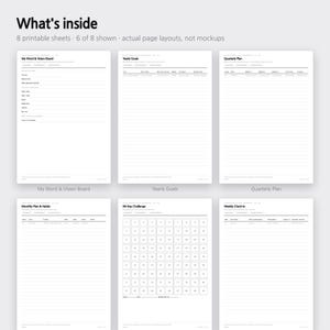 K&ouml;nnte beinhalten: Sechs wei&szlig;e, druckbare Planerseiten mit schwarzem Text und Linien. Die Seiten sind betitelt mit My Word & Vision Board, Yearly Goals, Quarterly Plan, Monthly Plan & Habits, 90-Day Challenge und Weekly Check-in und enthalten Tabellen und Linien.