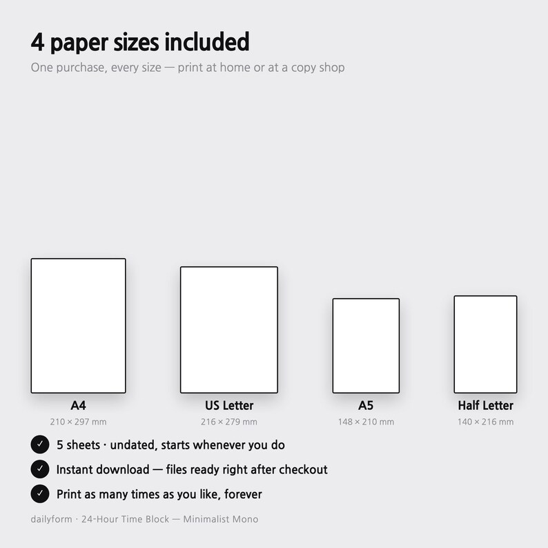 Pu&ograve; includere: Una visualizzazione di prodotto digitale che mostra 4 formati carta inclusi: A4 (210 x 297 mm), US Letter (216 x 279 mm), A5 (148 x 210 mm) e Half Letter (140 x 216 mm). Il testo include 5 fogli non datati, download istantaneo e stampa illimitata.