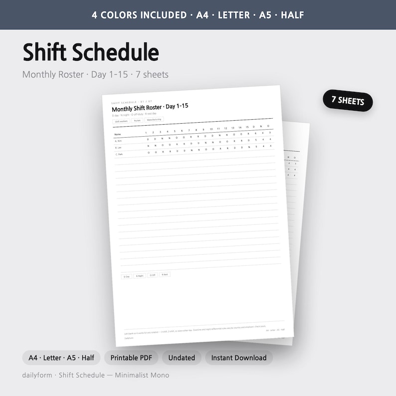 Pode incluir: Um documento de escala de turnos imprim&iacute;vel com um registro mensal para os dias 1-15. O papel branco inclui uma grade para nomes e datas, com os cabe&ccedil;alhos Shift Schedule, Monthly Roster e 7 Sheets. Inclui os tamanhos A4, Letter, A5 e Half.