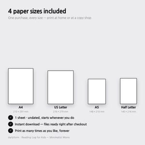 May include: A digital product listing showing 4 paper sizes included: A4 (210 x 297 mm), US Letter (8.5 x 11 inches), A5 (148 x 210 mm), and Half Letter (5.5 x 8.5 inches). Text includes: 1 sheet undated, instant download, and print forever.