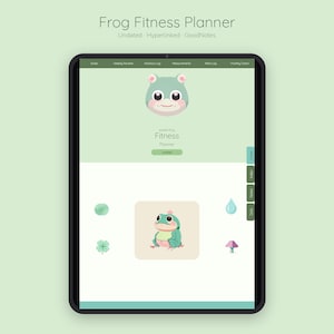 May include: A digital tablet displaying a Frog Fitness Planner with a light green interface. The screen features a cartoon frog icon, the text Frog Fitness Planner, Undated, Hyperlinked, GoodNotes, and navigation tabs for goals, routine, and logs.