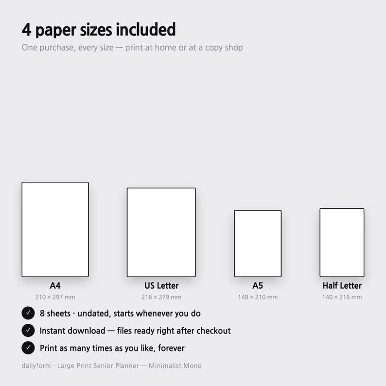 Pode incluir: Uma exibi&ccedil;&atilde;o de produto de planejador digital mostrando 4 tamanhos de papel: A4 (210 x 297 mm), US Letter (216 x 279 mm), A5 (148 x 210 mm) e Half Letter (140 x 216 mm). O texto inclui 8 folhas, sem data, download instant&acirc;neo.