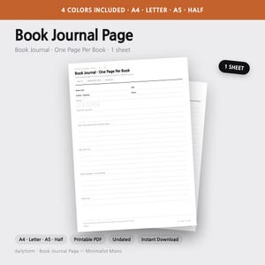 Utskrivbar bokdagbok | En sida per bok, läslogg, bokrecensionsblad, mall för läsdagbok | 4 färger A4 A5 Letter PDF bild 1