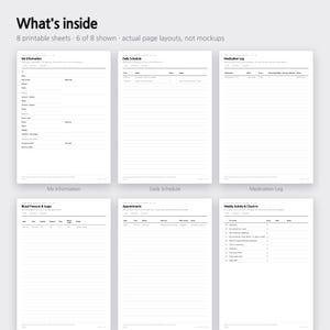 Pode incluir: Seis folhas de planejador imprim&iacute;veis com texto preto em papel branco. Os layouts incluem My Information, Daily Schedule, Medication Log, Blood Pressure & Sugar, Appointments e Weekly Activity & Check-in. O texto What's inside est&aacute; no topo.