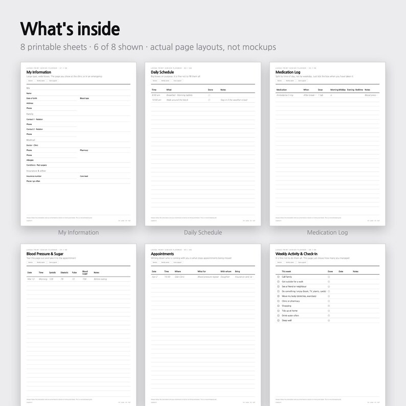 Pode incluir: Seis folhas de planejador imprim&iacute;veis com texto preto em papel branco. Os layouts incluem My Information, Daily Schedule, Medication Log, Blood Pressure & Sugar, Appointments e Weekly Activity & Check-in. O texto What's inside est&aacute; no topo.