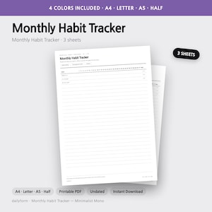 Pode incluir: Um documento imprim&iacute;vel de rastreamento de h&aacute;bitos mensais com tr&ecirc;s folhas. O papel branco apresenta texto em preto, incluindo o t&iacute;tulo Monthly Habit Tracker, uma grade para 31 dias e linhas para registrar h&aacute;bitos. O cabe&ccedil;alho indica 4 cores inclu&iacute;das, formatos A4, Letter, A5 e Half.