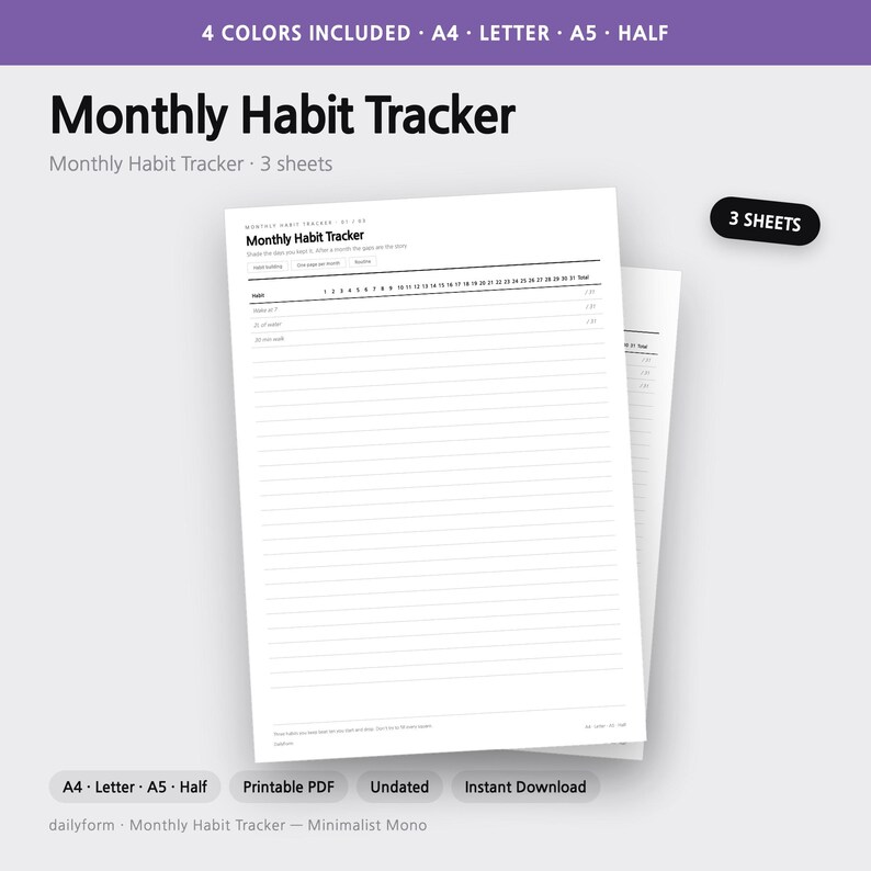 Pode incluir: Um documento imprim&iacute;vel de rastreamento de h&aacute;bitos mensais com tr&ecirc;s folhas. O papel branco apresenta texto em preto, incluindo o t&iacute;tulo Monthly Habit Tracker, uma grade para 31 dias e linhas para registrar h&aacute;bitos. O cabe&ccedil;alho indica 4 cores inclu&iacute;das, formatos A4, Letter, A5 e Half.
